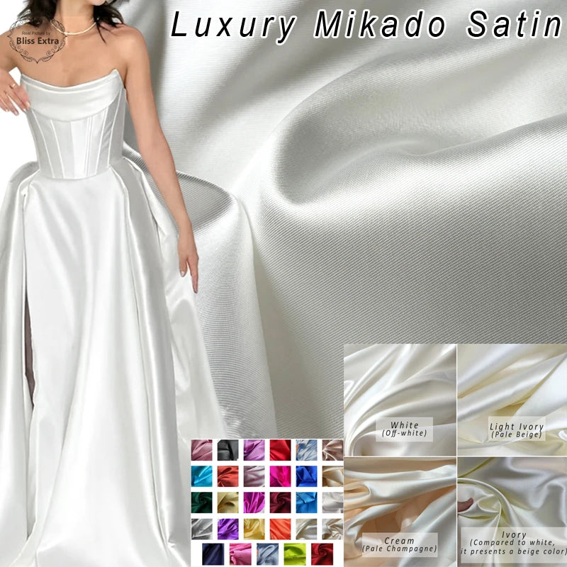 White Ivory Luxury Stiff Mikado Satin Fabric by the Yard, Bridal Wedding Dress Suit Fabric, Twill Satin DIY Sewing Material